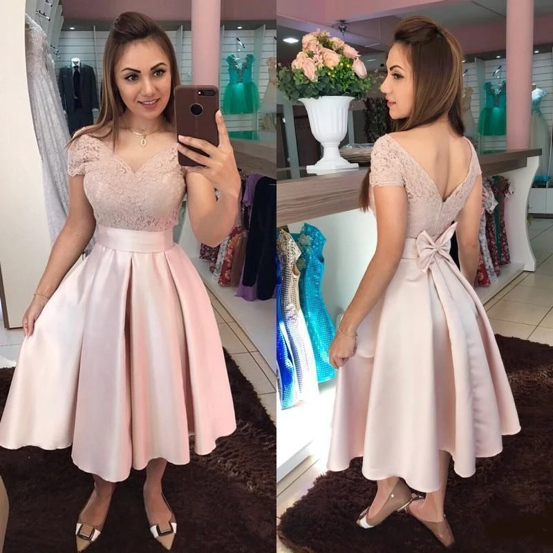 LSYX Pink Homecoming Dres A-Line Cap Sleeve Lace Appliques Backless Satin Elegant Party Prom Gown With Bow Tea-Length