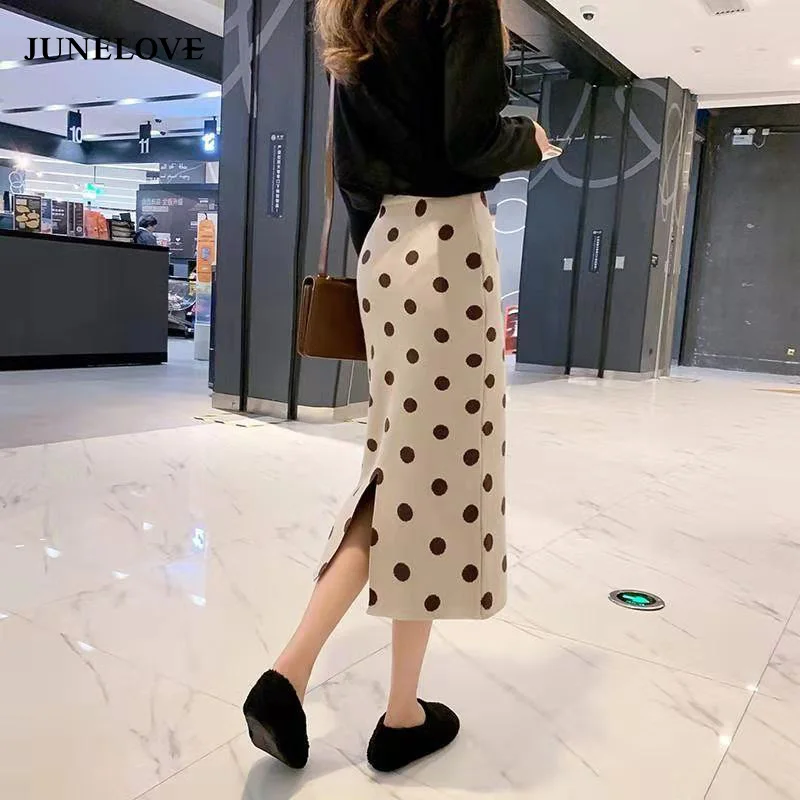 Heydress женские зимние эластичные вязаные юбки с разрезом винтажные женские прямые юбки в горошек повседневные уличные женские теплые миди юбки низ