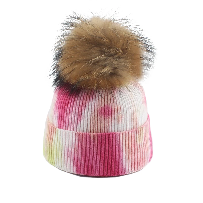 

2020 Winter ReaL Fur Pom Pom Beanie Hats For Women Fashion Tie Dye Print Knitted Beanies Caps Ladies Soft Warm Wool Hat Gorros