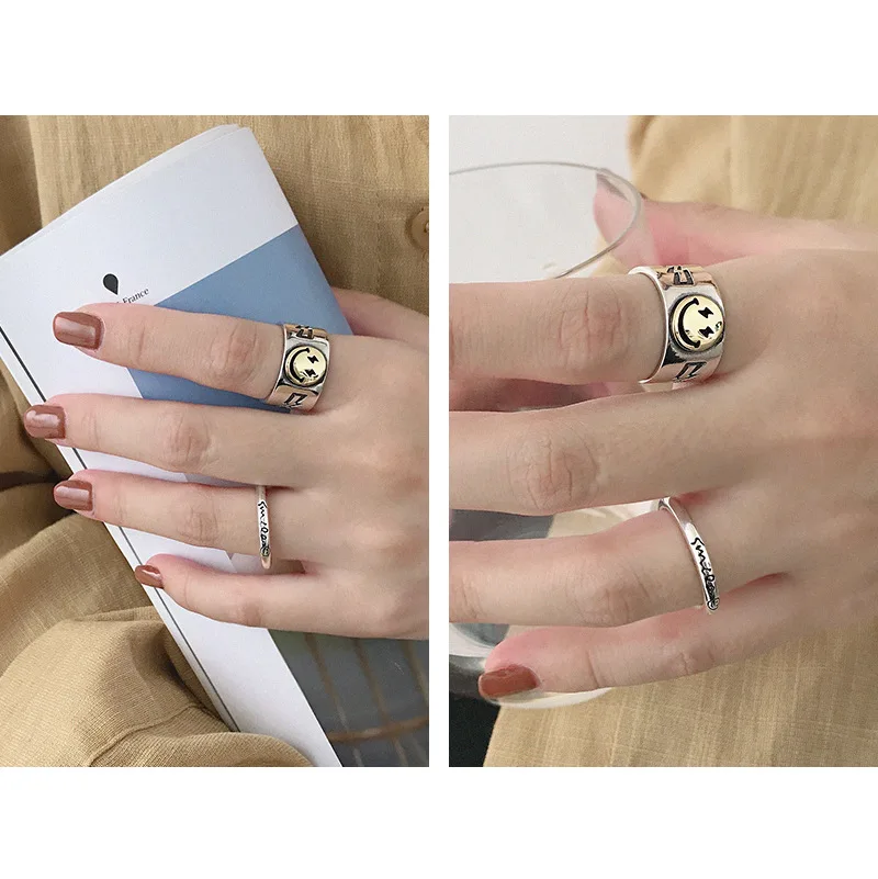 F.I.N.S шикарное изысканное серебряное кольцо из стерлингового серебра S925 INS с широкой улыбкой, кольцо для лица, индивидуальность, корейская мода, открытая манжета, серебряное кольцо 925