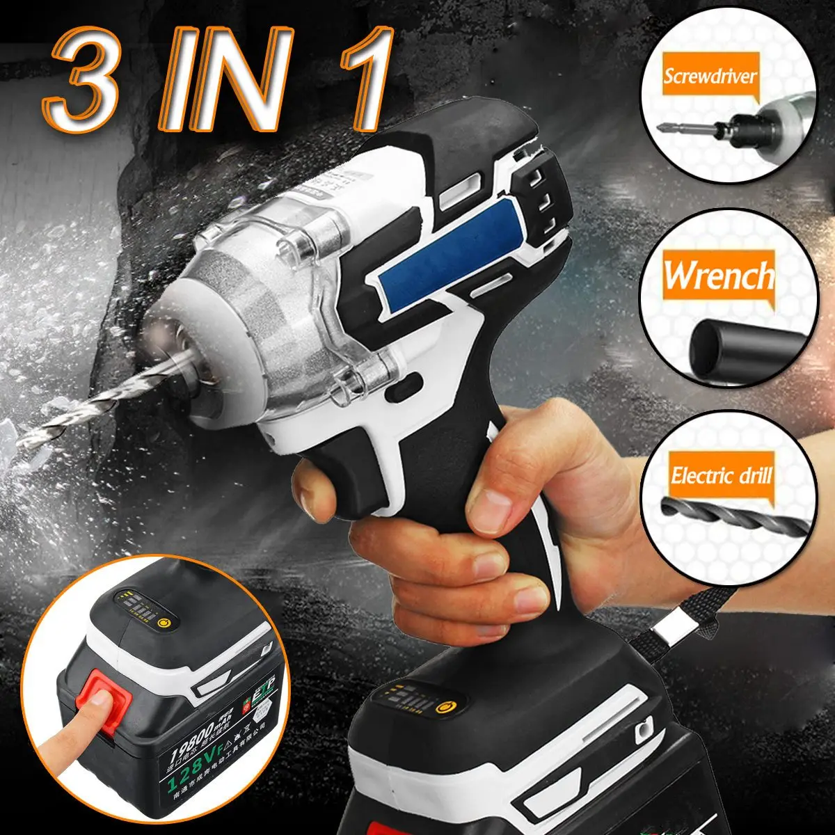 

3 In 1 128V 19800mAH Electric Cordless Brushless Hammer Power Drill Screwdriver 240-520NM Adjustable Stepless Speed Regulation