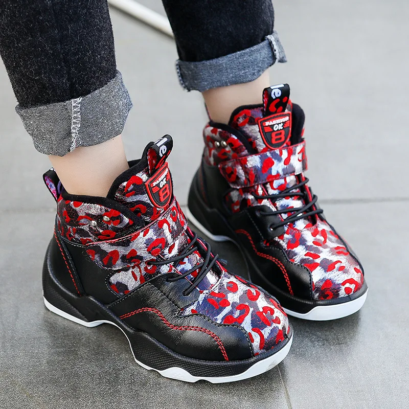 

Mudipanda Children's Waterproof non-slip winter leather Shoes boys' sports winter plus velvet warm casual high-top sneakers