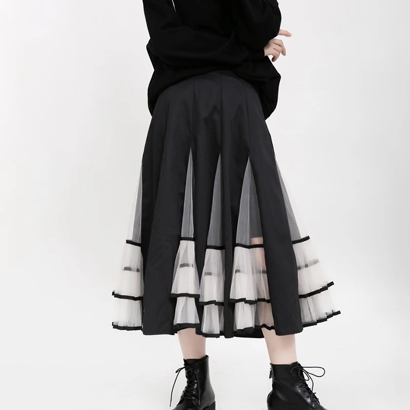 Chiceverパッチワークメッシュスカート女性のハイウエストフリルヒットカラープラスサイズ黒スカート女性 夏新服潮 Skirts Aliexpress