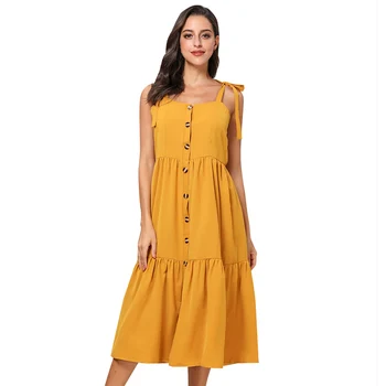 

Bikitique Solid Color Suspender Button Level Split Ruffle Casual Dress Holiday Date Party Elegance Sweet Open Back Elastic Dress