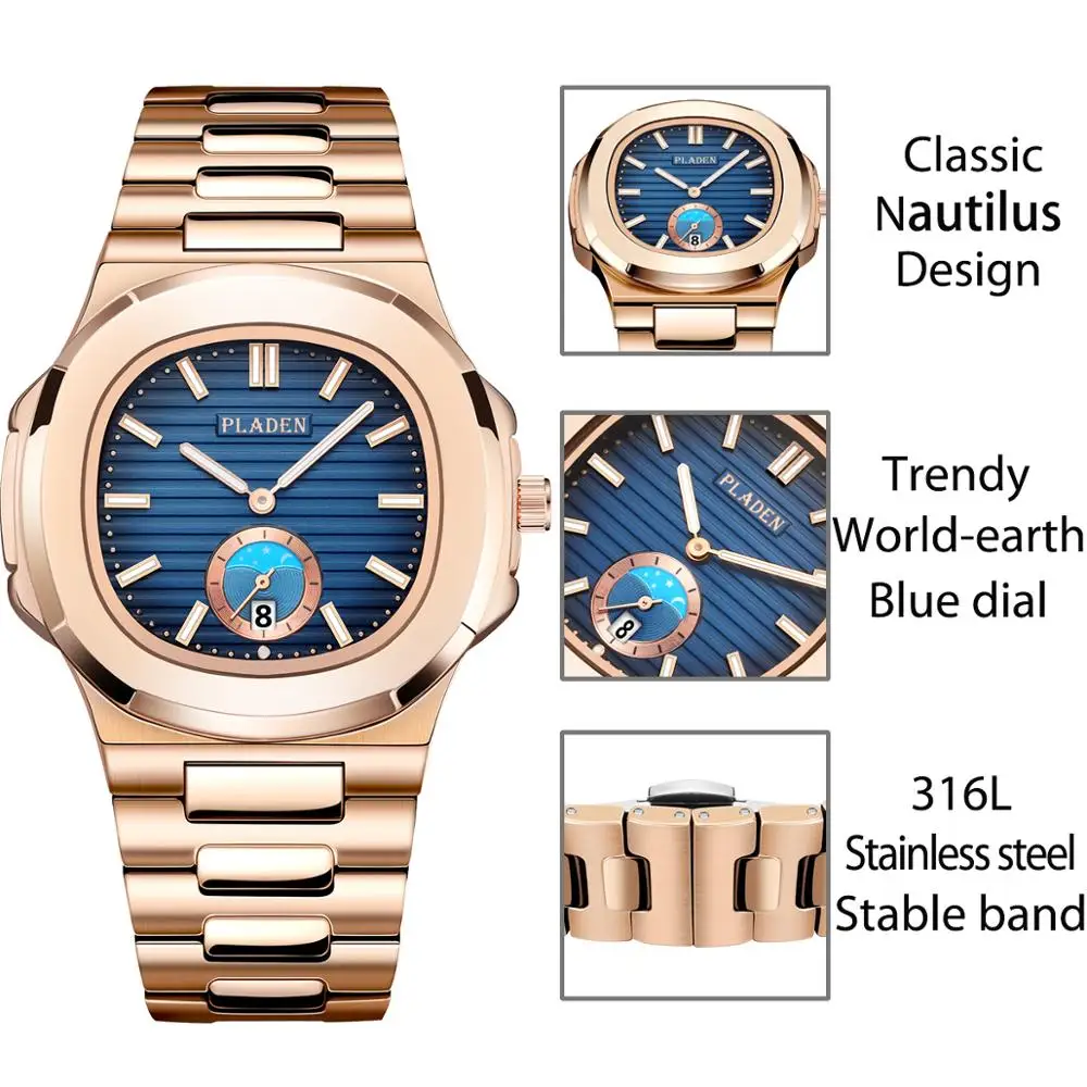 PLADEN Unique Watch Men Luxury Gold Mens Watches Top Brand Luxury Stainless Steel Mens Fashion Blue Quartz Watch Gifts For Men