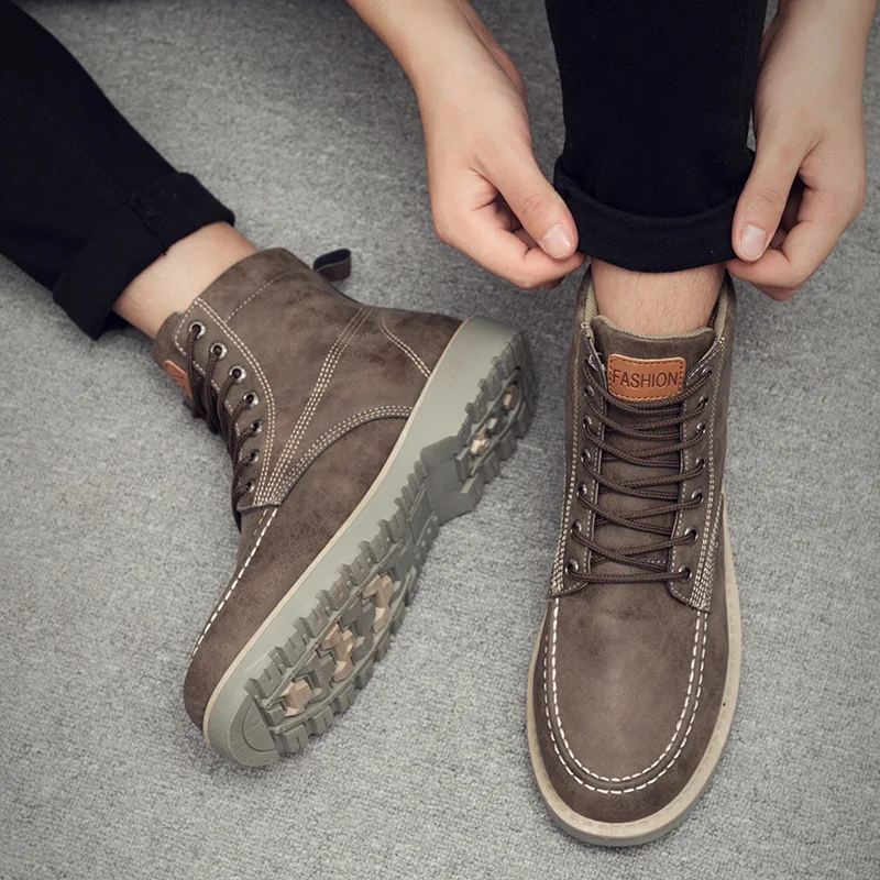 Army Green no fur Мужские зимние ботинки; кожаные мужские теплые зимние ботинки; зимние водонепроницаемые ботинки martin; уличные рабочие ботинки на шнуровке; обувь с высоким берцем с круглым носком - Цвет: Army Green no fur