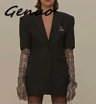 

Genuo 2019 Autumn New Casual Fashion Temperament Women Loose Nail Drill Mesh Sleeve Stitching Thin Section Suit Jacket