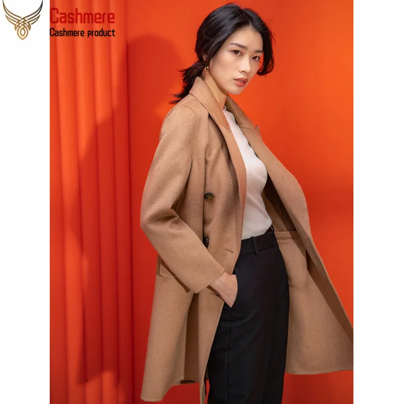 

Double-faced cashmere coat female 2019 autumn winter new hand-sewn coat high-end long classic double-breasted suit collar coat