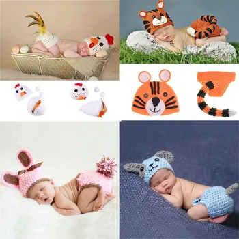 

Handmade Baby Clothing Set Newborn Photography Props Tiger Bunny Rabbit Chicken Puppy Dog Crochet Knit Clothes Photo Shoot Props