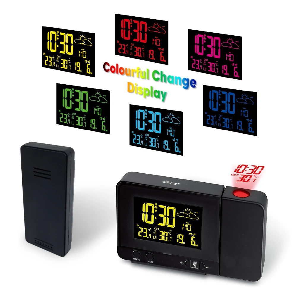 

LCD Digital Projection Alarm Clock Radio-Control with Wireless Weather Station Projection Clock Date Dual Alarm Snooze Function