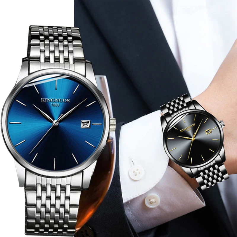 

2019KINGNUOS Fashion Men Stainless Steel Watches Top Brand Luxury Man's Watches Wristwatch Waterproof Quartz Clock Date Relogio