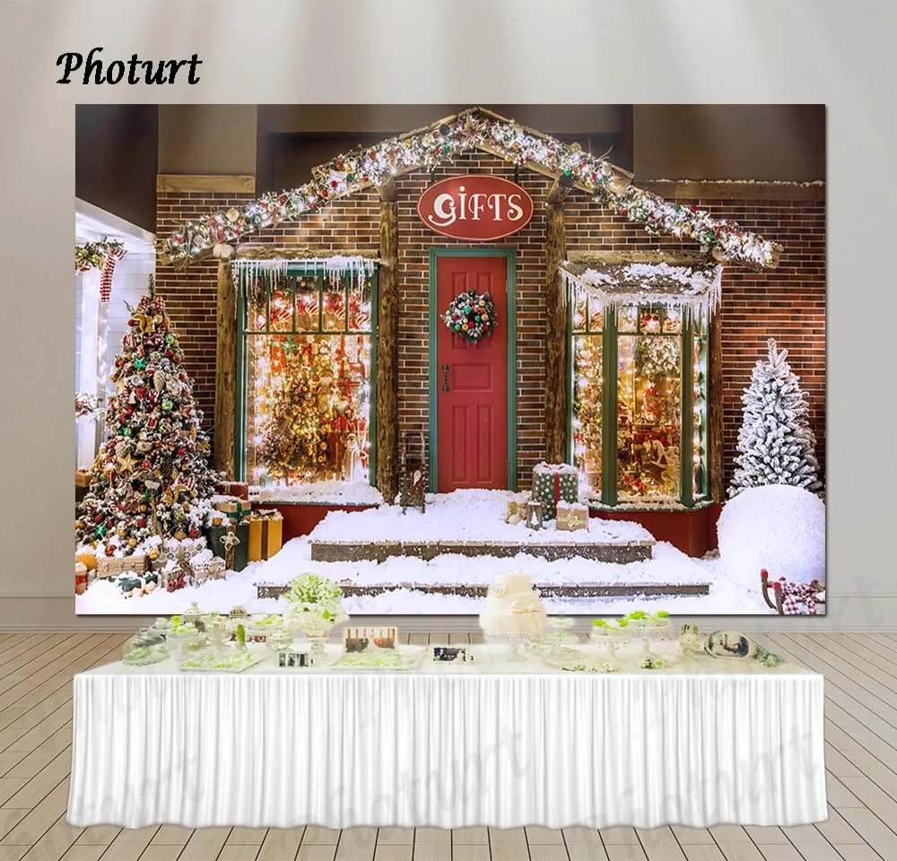 PHOTURT Christmas Backdrop Festival Photography Banner Wooden Gifts House Photo Background Snow Vinyl Polyester Decorate Props |