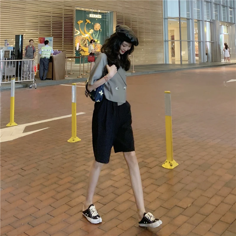 Summer New Style Korean-style Double Breasted Loose-Fit Short-sleeved Top Western Style Short Navel Small Suit Coat WOMEN'S