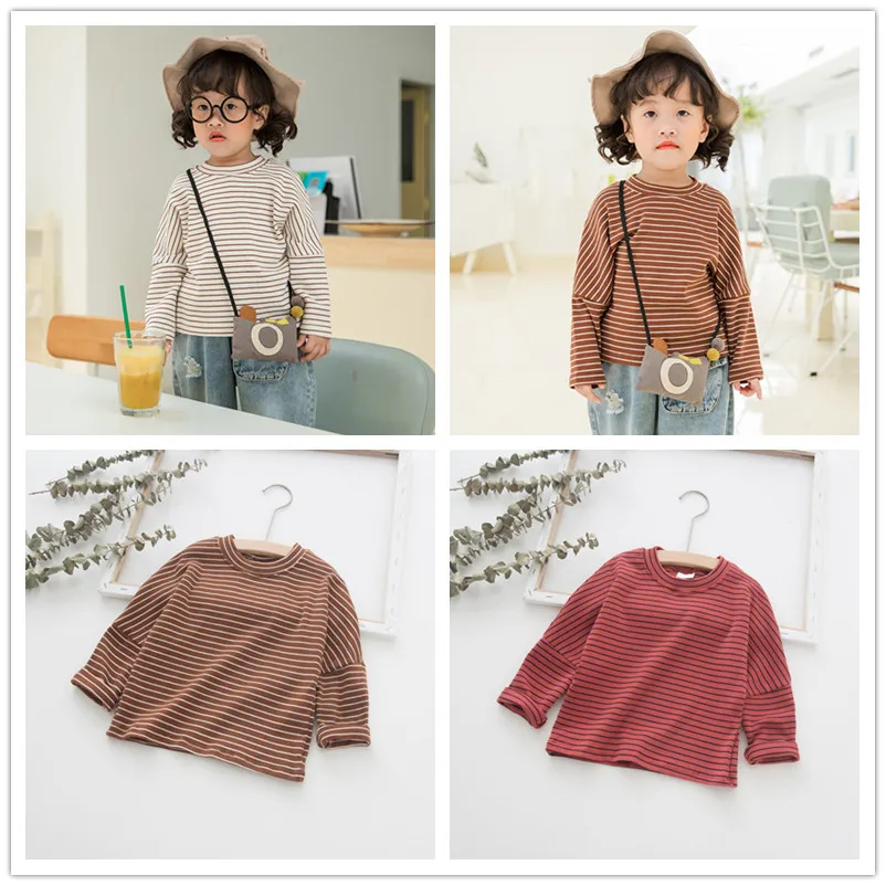 Autumn Winter New Baby Kid 1-7Y Boys Girls Long Sleeve Striped Cotton T-shirt Casual O-Neck Solid Color Comfortable Tees