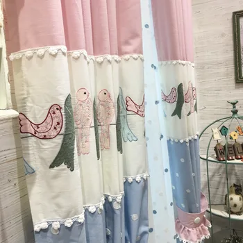 

High-grade Cotton Embroidery Stitching Bird Girl Curtain for Living Dining Room Bedroom