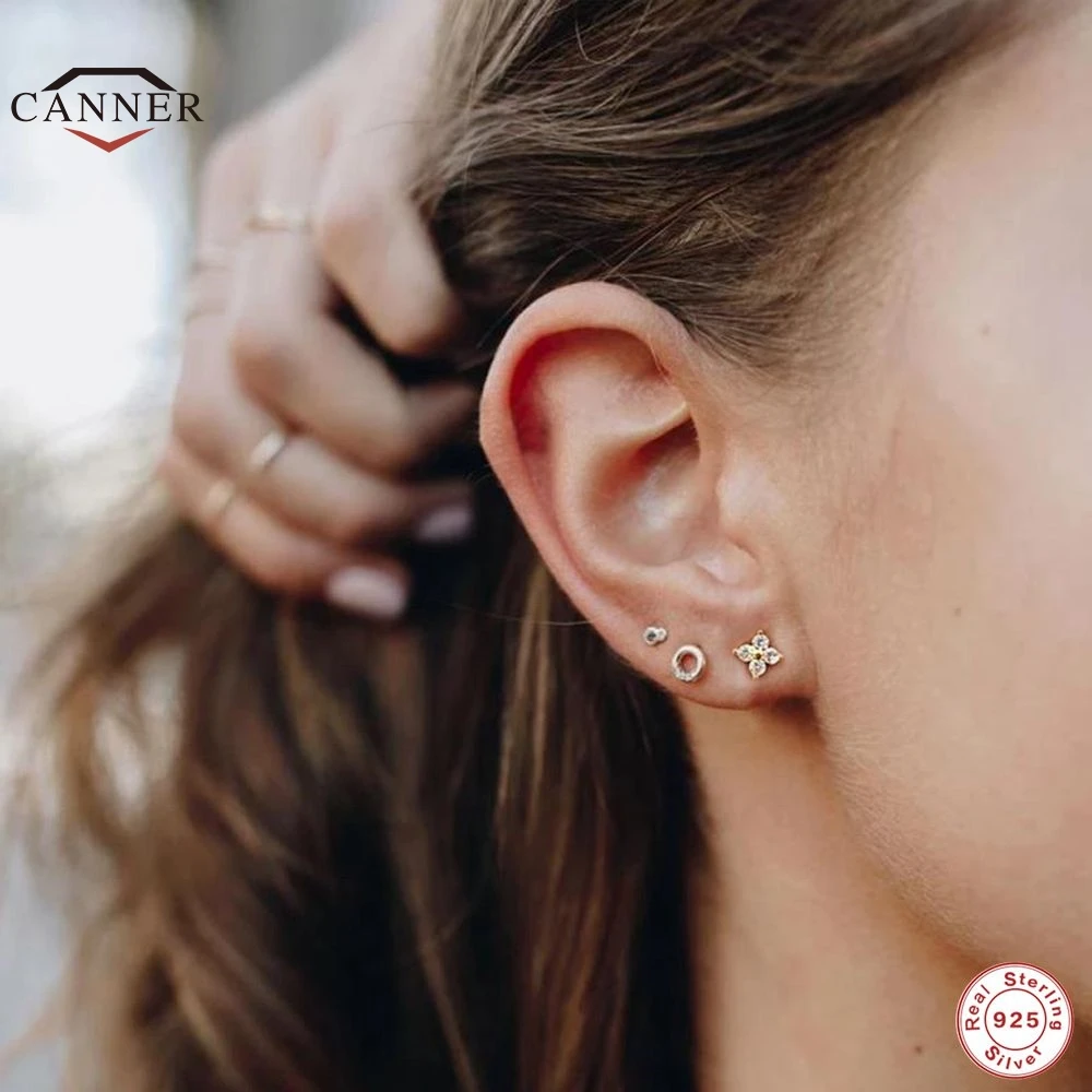 CANNER 925 Sterling Silver Stud Earrings Cute Zircon ear bone nail Mini Crystal Flower Pierced Earrings Fashion Jewelry