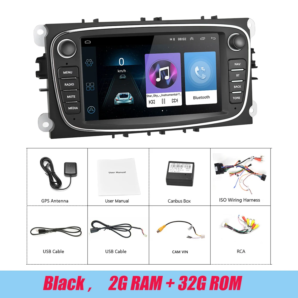 LeeKooLuu 2 Din автомобильное радио Зеркало Ссылка Android Авторадио для Ford Focus 2 S-MAX Mondeo mk4 C-MAX Galaxy wifi gps Автомобильный мультимедийный - Цвет: Black 2G 32G