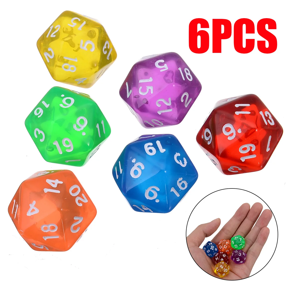 6pcs/set Twenty Sided Dice Clear Dice Set Colorful Funny Outdoor Dices For TRPG Games Dungeons & Dragons Mixed Colors