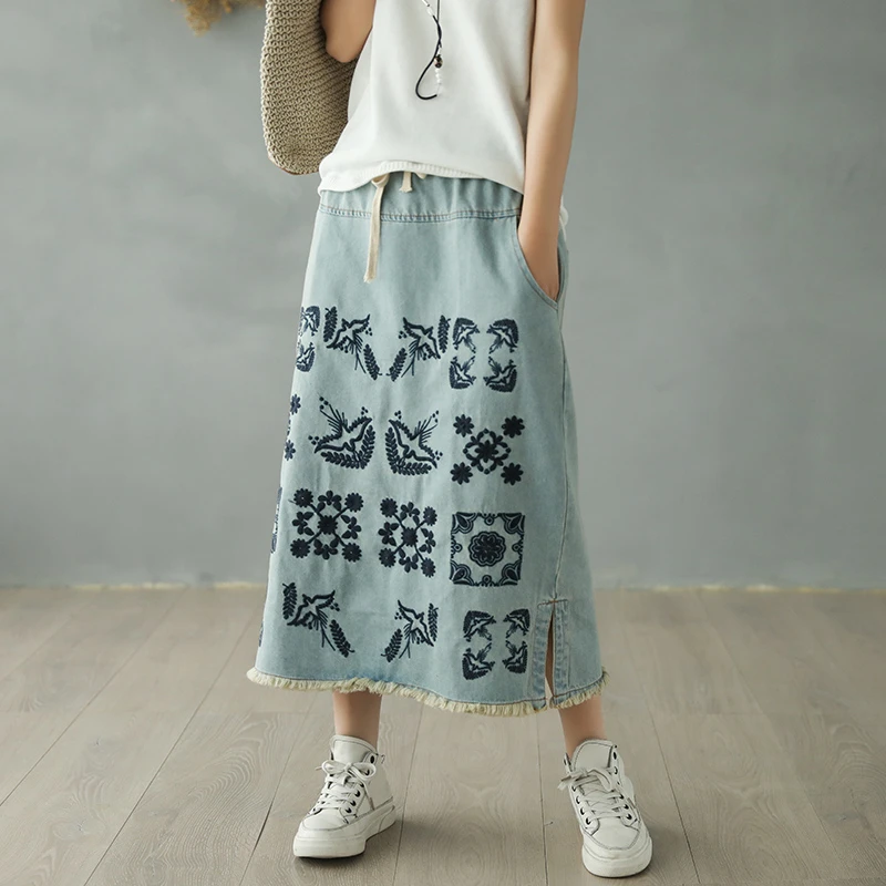 vaqueras largas de algodón para mujer, faldas bordadas de media pantorrilla, de cintura elástica, con bolsillos abertura, 2021|Faldas| - AliExpress