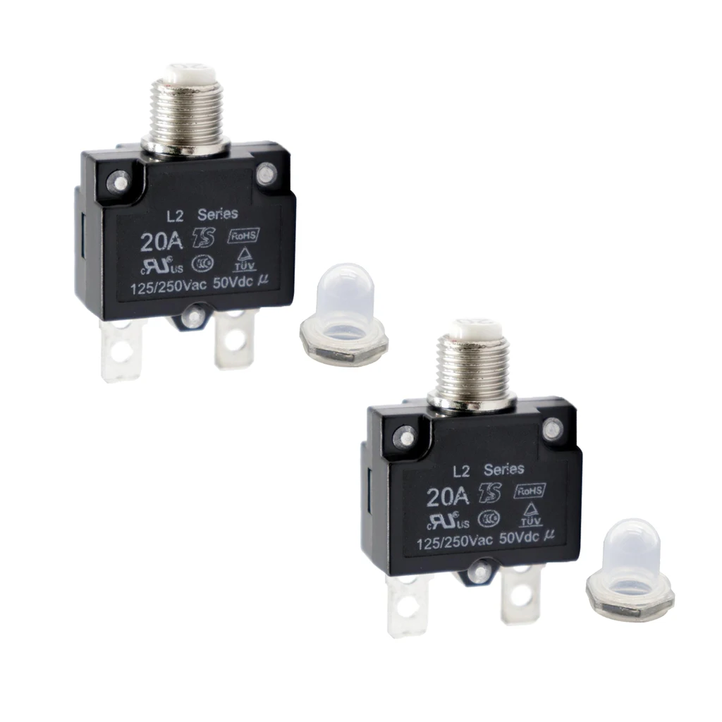 2 Pieces 20 Amp Push Button Circuit Breakers with Waterproof Button Transparent Cover, DC 50V AC 125-250V