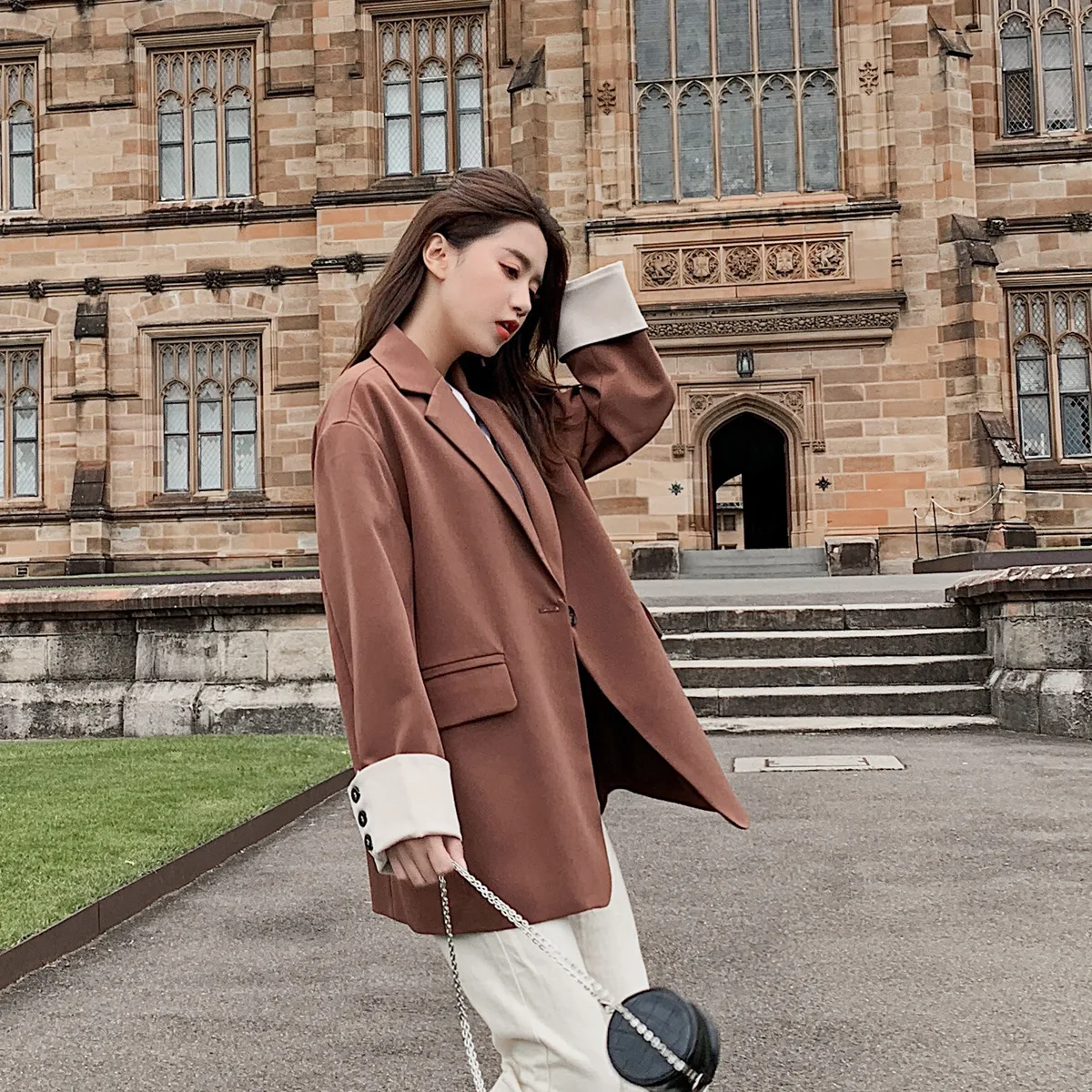 

2019 Spring Korean-style Retro Suit Women's CHIC Online Celebrity Revers Contrast Color Small Suit Coat Casual Students Loose-Fi