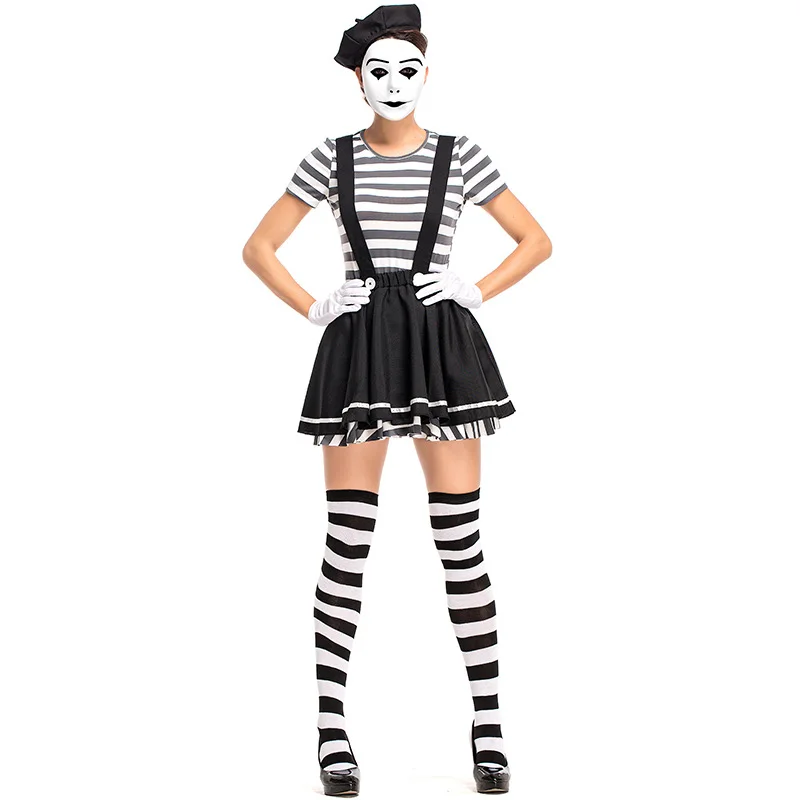 Adult female Mime Costume artist fancy dress French Quinn Honey Circus Costume Clown Costume