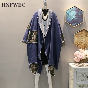 

2019 Autumn Winter New Pattern V-collar Long Sleeve Denim Patchwork Camouflage Pockets Vintage Coat Women Jacket Y289