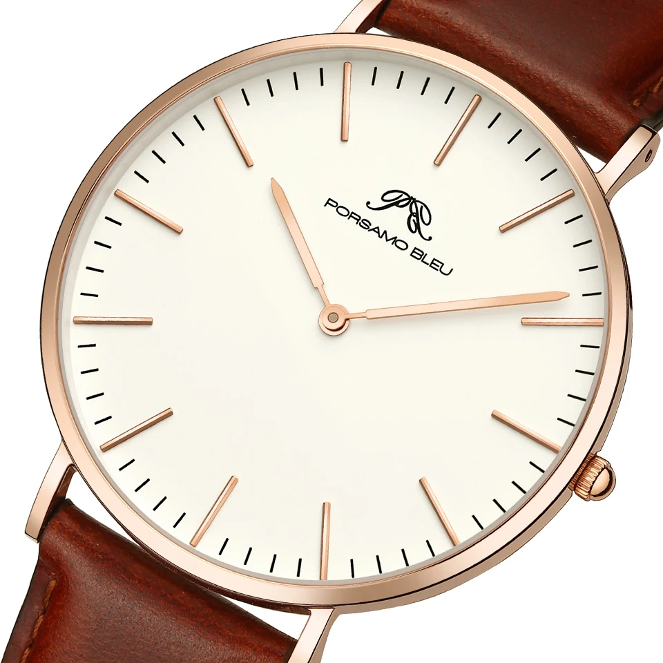 

PORSAMO BLEU Brand Watches for Men Ultra Thin Quartz Watch 40mm Brown Black Leather Strap Casual Waterproof Wristwatch