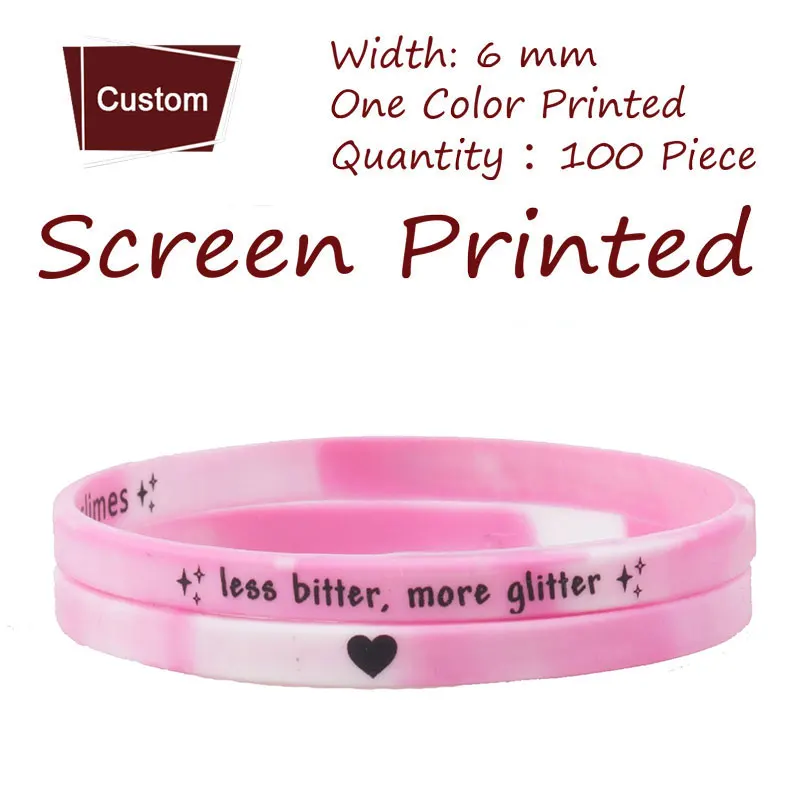 100 шт 6 мм ширина шелк печать один цвет печатных силиконовые браслеты на заказ экран браслет с принтом для промотирования подарок