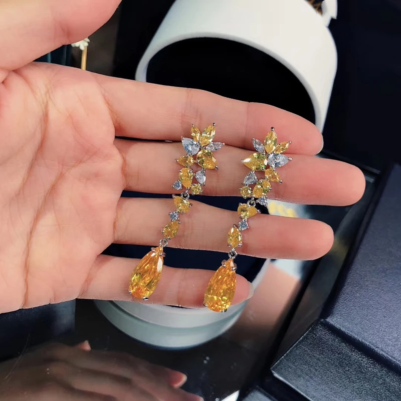 Модные висячие серьги с цветком и каплями циркония камнем шампанского S925 для