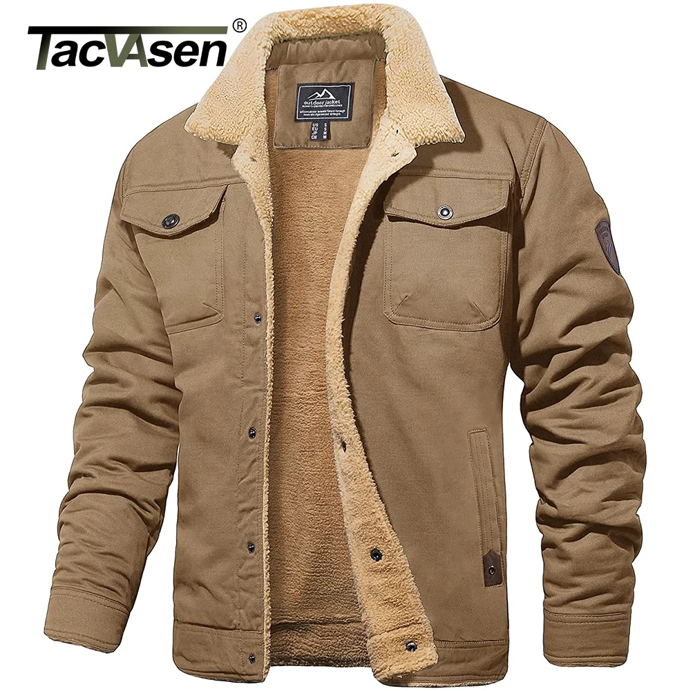 Turn-down Collar Winter Cotton Parka Coat Mens Sherpa Fleece Trucker Work Cargo Coats