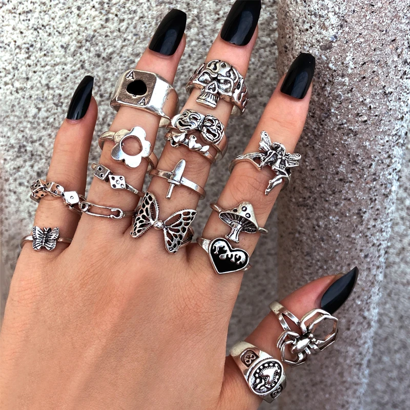 Punk Butterfly Ring Set for Women Bee Flower Mushroom Gothic Heart Black Heart Ghost Silver Color Plated Retro Finger Jewelry