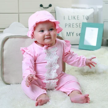 

Autumn 0-2Y Baby Girls Outfits 2Pcs Long Sleeve Solid Color Lace Rompers+Cute Hat Casual Fashion Lovely Newborn Clothes Set
