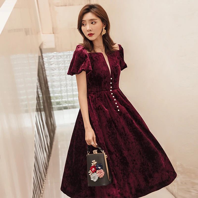 YIGELILA New Arrrivals Deep Wine Dress Solid O-neck Puff Sleeves Vintage Dress Short Sleeves With Button Mid-calf Dress 65336