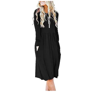 

Autumn Fashion Women's Long Sleeve Pockets Empire Waist Pleated Loose Solid Dress Wholesale Free Ship платье Z4