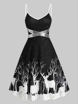 

Wipalo Sequined Reindeer Print Flared Spaghetti Strap Tree High Waist Cami Dress Mid-Calf Sleeveless A-Line Casual Dress S-3XL