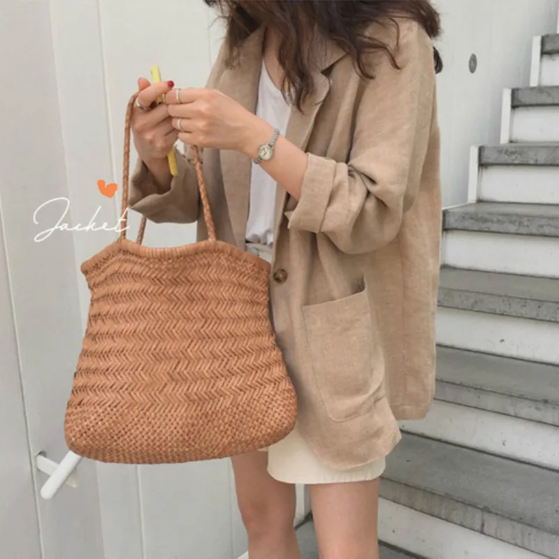 

Women Summer Cotton Linen Notched Collar Jacket Vintage Coat Single Button Casual r Pocket Veste Femme