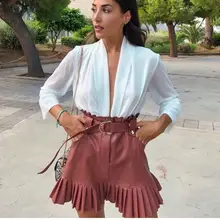 Осенне-зимняя женская юбка с поясом из искусственной кожи с оборками и высокой талией, Женская мини-юбка трапециевидной формы, вечерние Клубные женские сексуальные плиссированные юбки