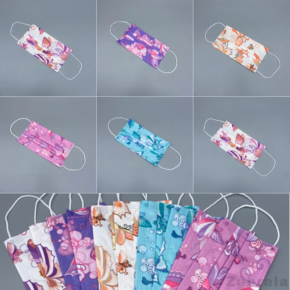 

Одноразовая маска для лица для взрослых с принтом бабочки, 50/100 шт., модная женская дышащая 3-слойная защитная маска для лица с милым мультяшным рисунком