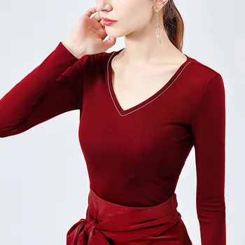 

Foamlina High Quality Women's Cotton T Shirt 2019 New Autumn Sexy V Neck Long Sleeved Slim Fit Elegant Ladies Basic T Shirt Top
