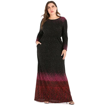 

Siskakia Plus Size Maxi Dress 5XL Glitter Golden Hot Stamping Long Sleeve A Line Dresses Spring Fall Women Wears Floor Length