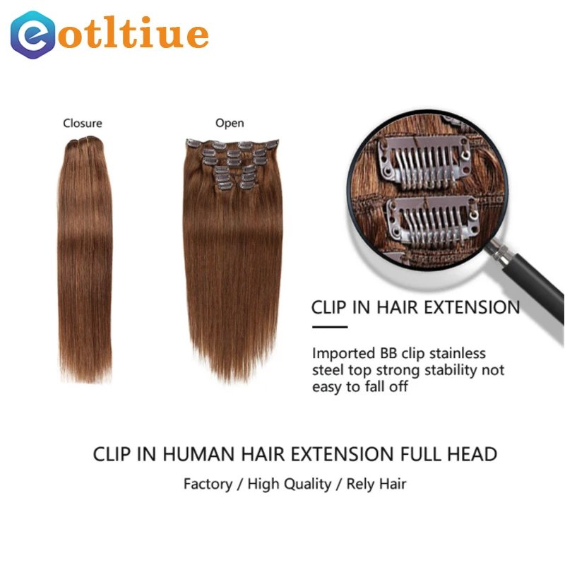 Eotltiue Clip In Hair Extensions Human Hair Clip 100 Gram 7 pcs/set Machine Made Colored Remy Straight Natural Clip-on