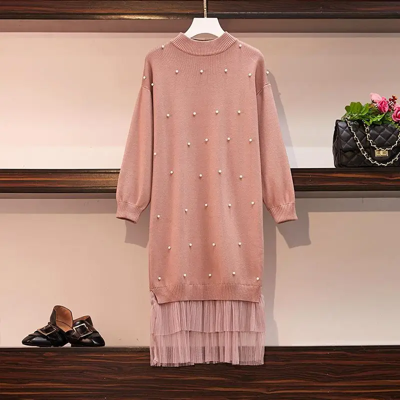 

Large size Dress women's autumn and winter mesh Lace stitching beaded dress sweater bottoming Vestidos Elegant Party Dresses