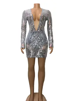 

Silver sequines sexy mini one piece party club dress for woman V neck long flare sleeves sequines high quality ladies dress A080
