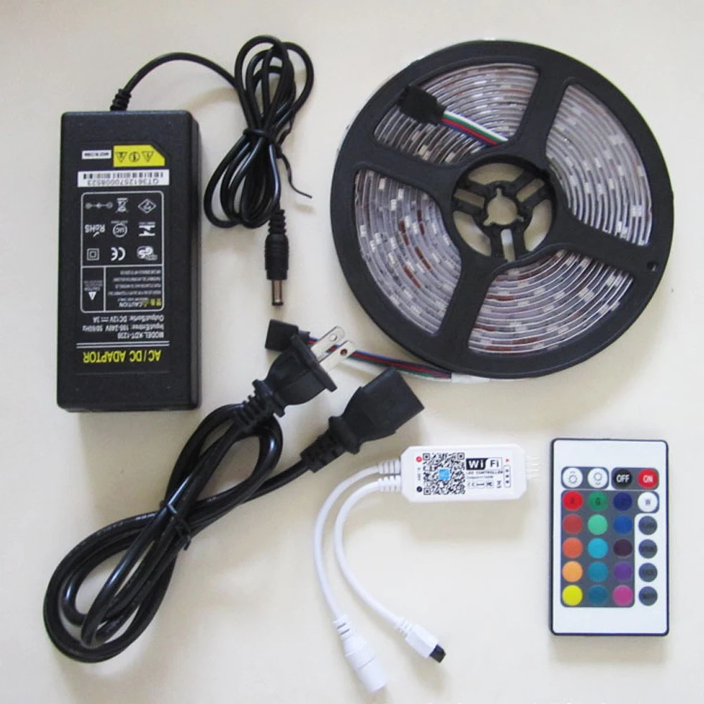 

WiFi LED Strip Light RGB Waterproof SMD 5050 DC12V rgb String Diode Flexible Ribbon 24keys WiFi Contoller + Adapter plug