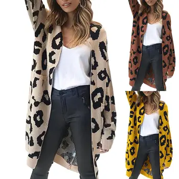

cardigan Sweater Women Long Sleeve Leopard Print Cardigan Open Front Jacket Coat