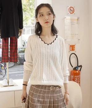 

Autumn winter V-neck simple women's sweater slim knitwear female long sleeve Hollow pullover top