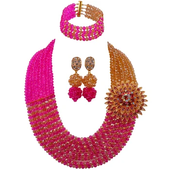 

Majalia classic fashion Nigerian wedding African jewelry set Hot pink and Gold ab crystal necklace bridal jewelry sets 8jb-15