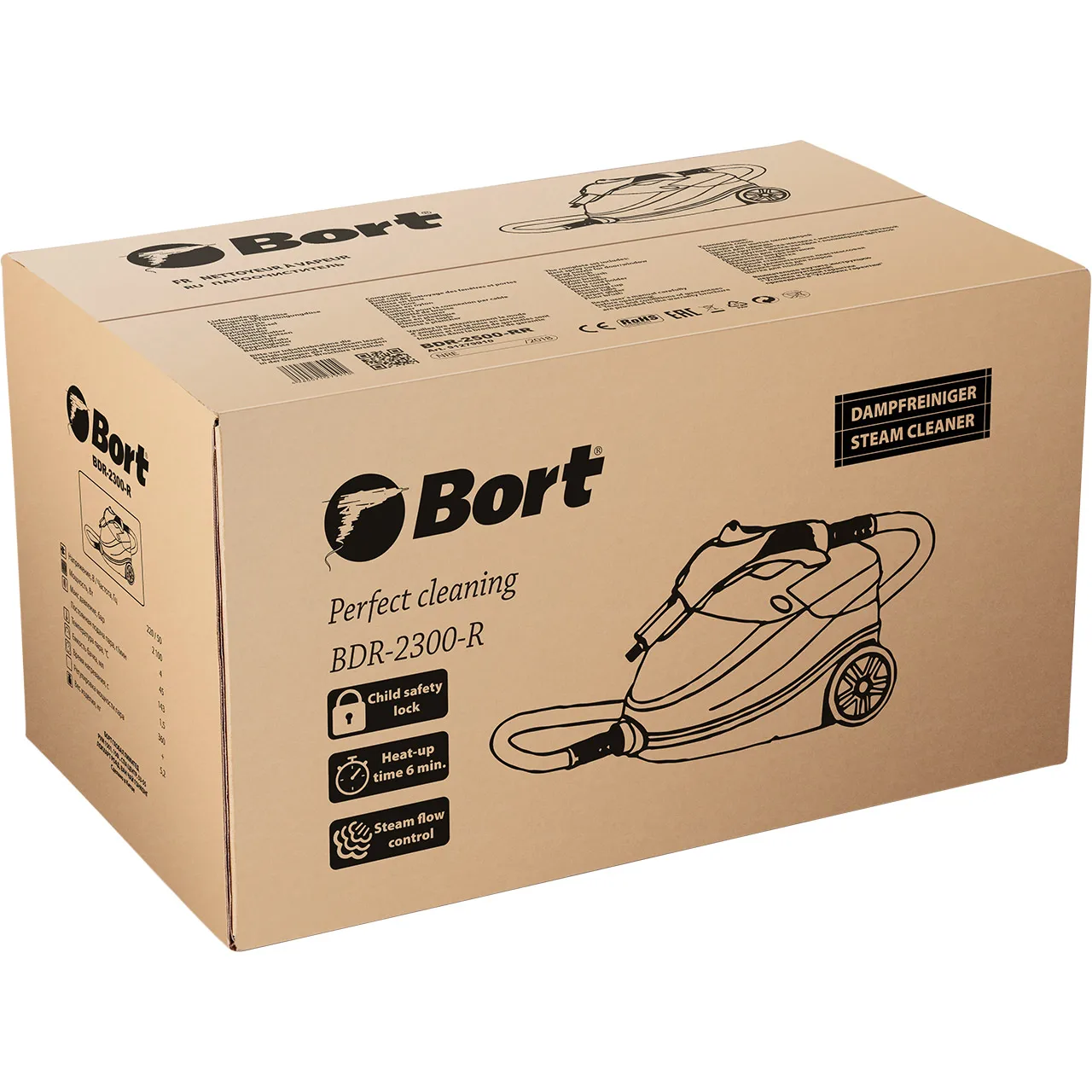 Пароочиститель Bort BDR-2300-R (Мощность 2100 Вт, давление 4 бар, Постоянная подача пара 45 г/мин, Температура пара 143 °С, емкость бака 1500 мл)