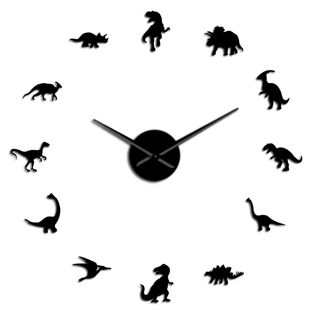 Динозавры юрского периода настенные художественные T-Rex DIY большие настенные часы детская комната украшение гигантские бескаркасные настенные часы динозавры Современные часы - Цвет: Black